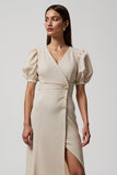 Ivory V-Neck Buttons Puff Sleeves Maxi Work Dress