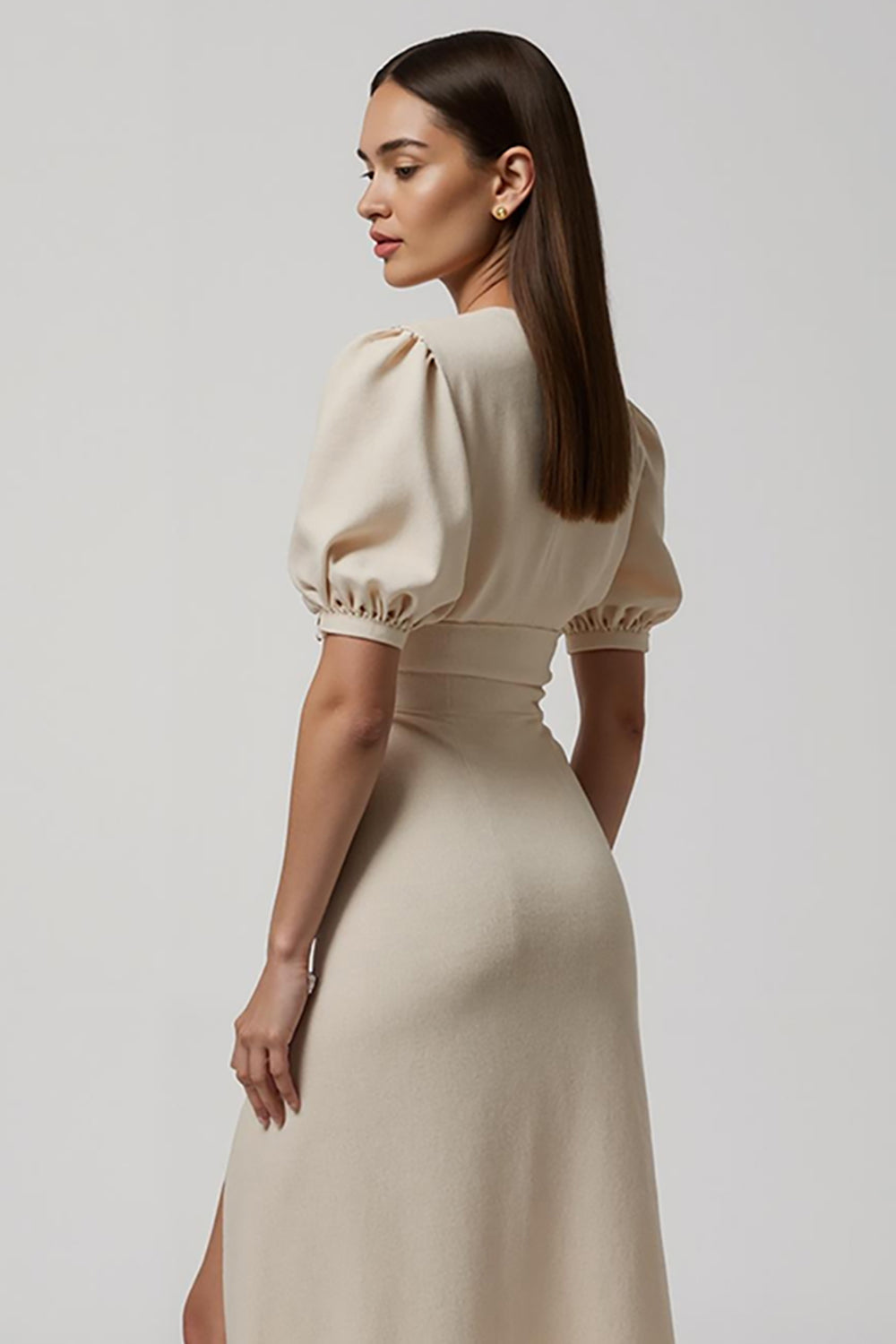 Ivory V-Neck Buttons Puff Sleeves Maxi Work Dress