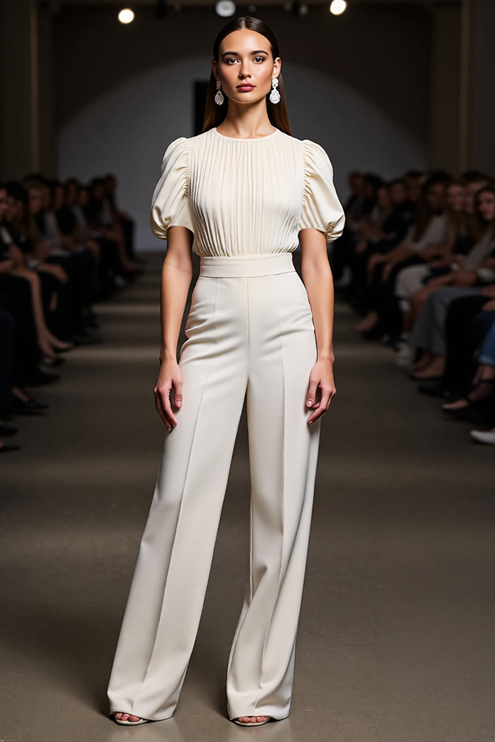 Ivory 2 Pieces Round Neck Blouses and Pantsuits with Sleeves