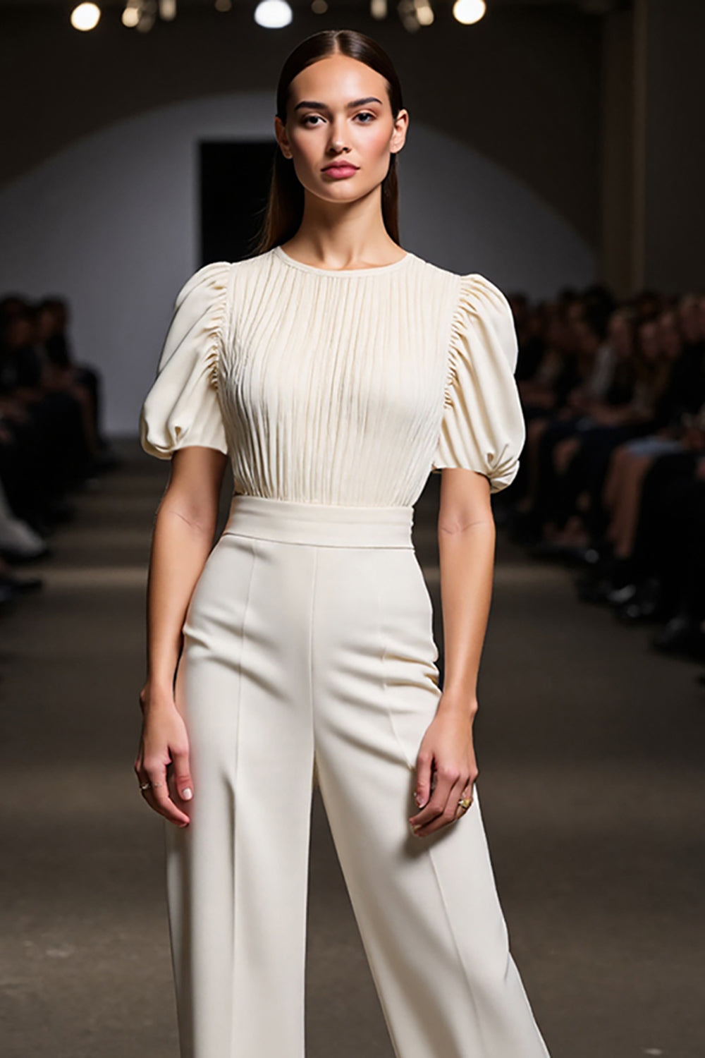 Ivory 2 Pieces Round Neck Blouses and Pantsuits with Sleeves