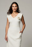 Simple White V-Neck Pencil Midi Work Dress with 3D Flowers