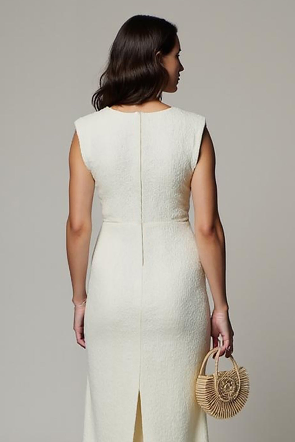 Simple White V-Neck Pencil Midi Work Dress with 3D Flowers