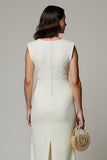 Simple White V-Neck Pencil Midi Work Dress with 3D Flowers