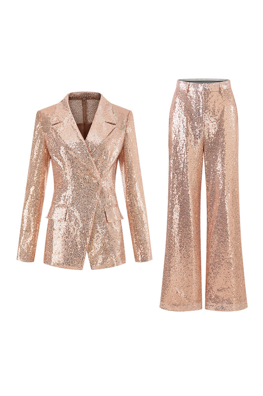 Sparkly Golden Notched Lapel 2 Piece Women Suits