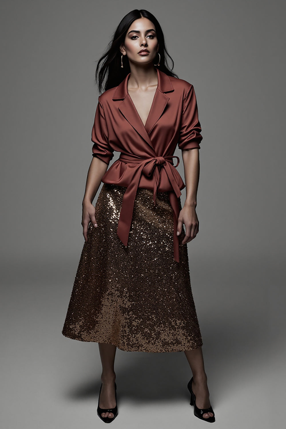 Sparkly Terracotta Notched Lapel 2 Piece Midi Blouses and Skirt with Sash