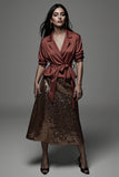 Sparkly Terracotta Notched Lapel 2 Piece Midi Blouses and Skirt with Sash