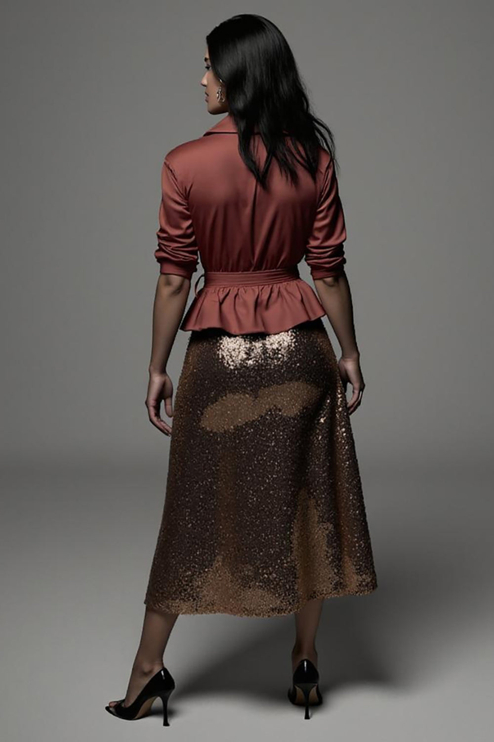 Sparkly Terracotta Notched Lapel 2 Piece Midi Blouses and Skirt with Sash
