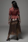 Sparkly Terracotta Notched Lapel 2 Piece Midi Blouses and Skirt with Sash