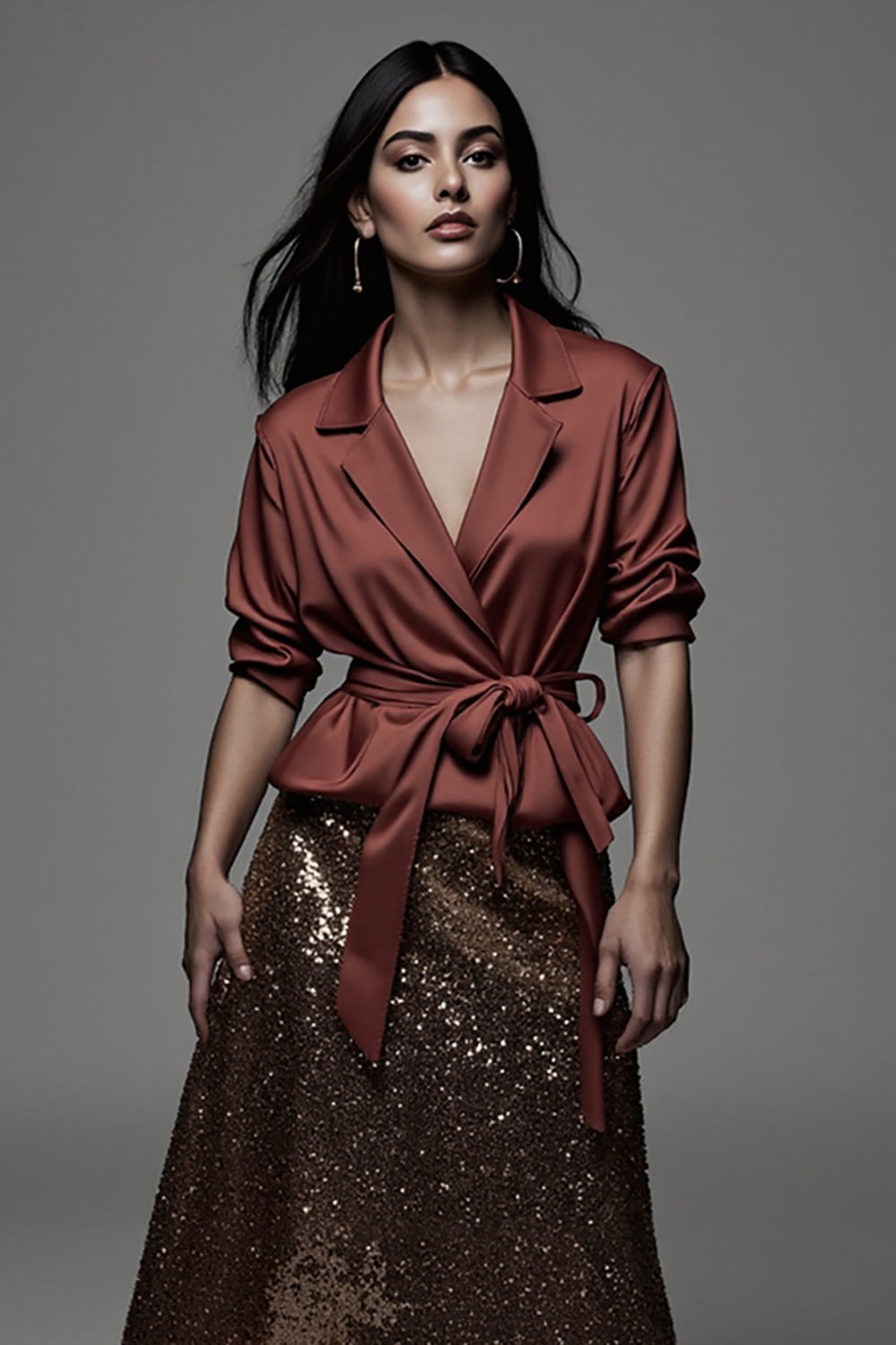 Sparkly Terracotta Notched Lapel 2 Piece Midi Blouses and Skirt with Sash