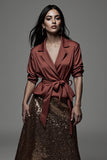 Sparkly Terracotta Notched Lapel 2 Piece Midi Blouses and Skirt with Sash