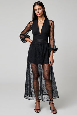 Navy Deep V-Neck A-Line Long Work Dress with Sleeves