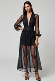 Navy Deep V-Neck A-Line Long Work Dress with Sleeves
