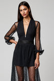 Navy Deep V-Neck A-Line Long Work Dress with Sleeves