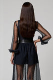 Navy Deep V-Neck A-Line Long Work Dress with Sleeves