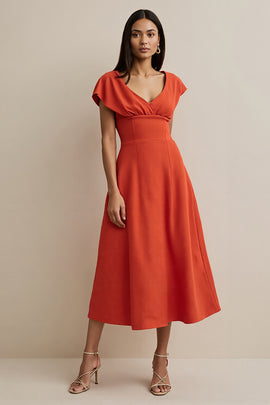 Orange Satin V-Neck A Line Midi Work Dress with Sleeves