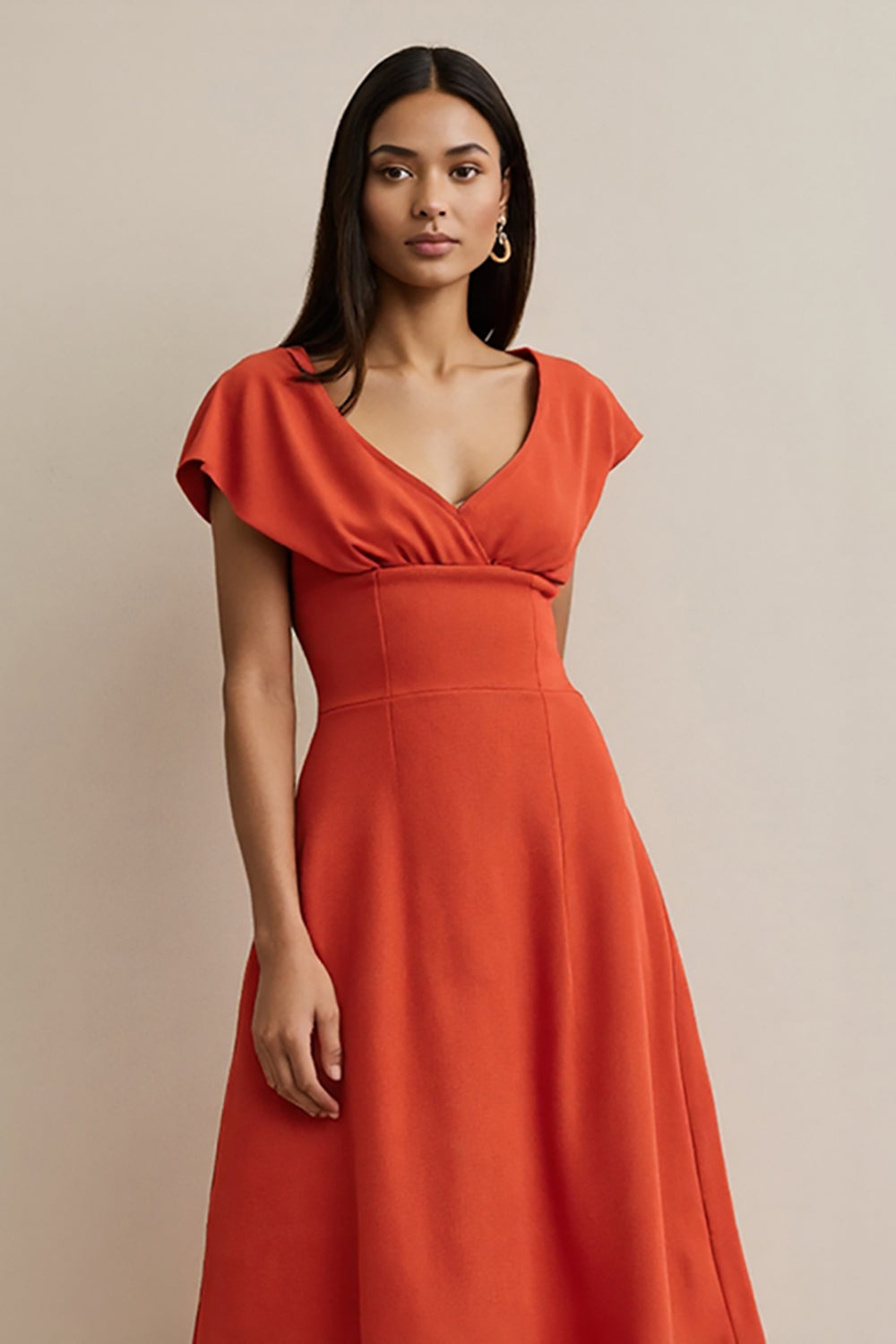 Orange Satin V-Neck A Line Midi Work Dress with Sleeves