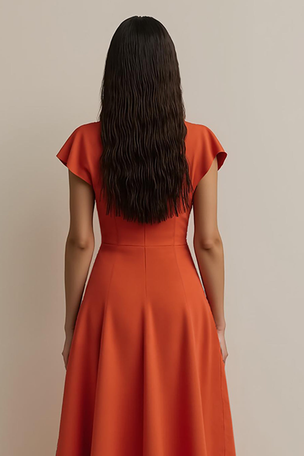Orange Satin V-Neck A Line Midi Work Dress with Sleeves