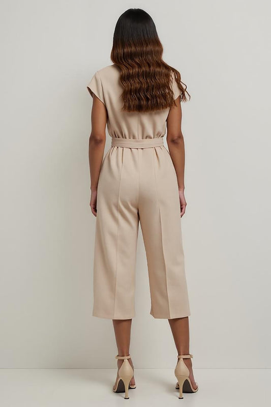Khaki Satin Notched Lapel Work Jumpsuits with 3D Flowers