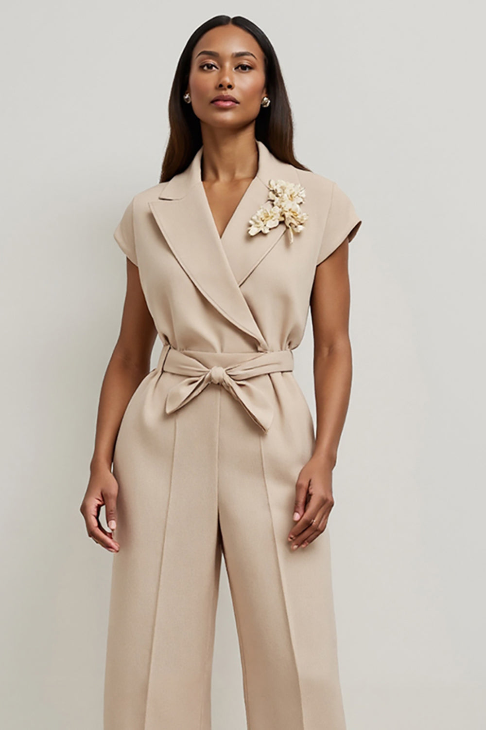 Khaki Satin Notched Lapel Work Jumpsuits with 3D Flowers