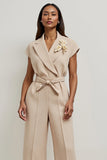 Khaki Satin Notched Lapel Work Jumpsuits with 3D Flowers