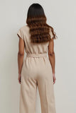 Khaki Satin Notched Lapel Work Jumpsuits with 3D Flowers