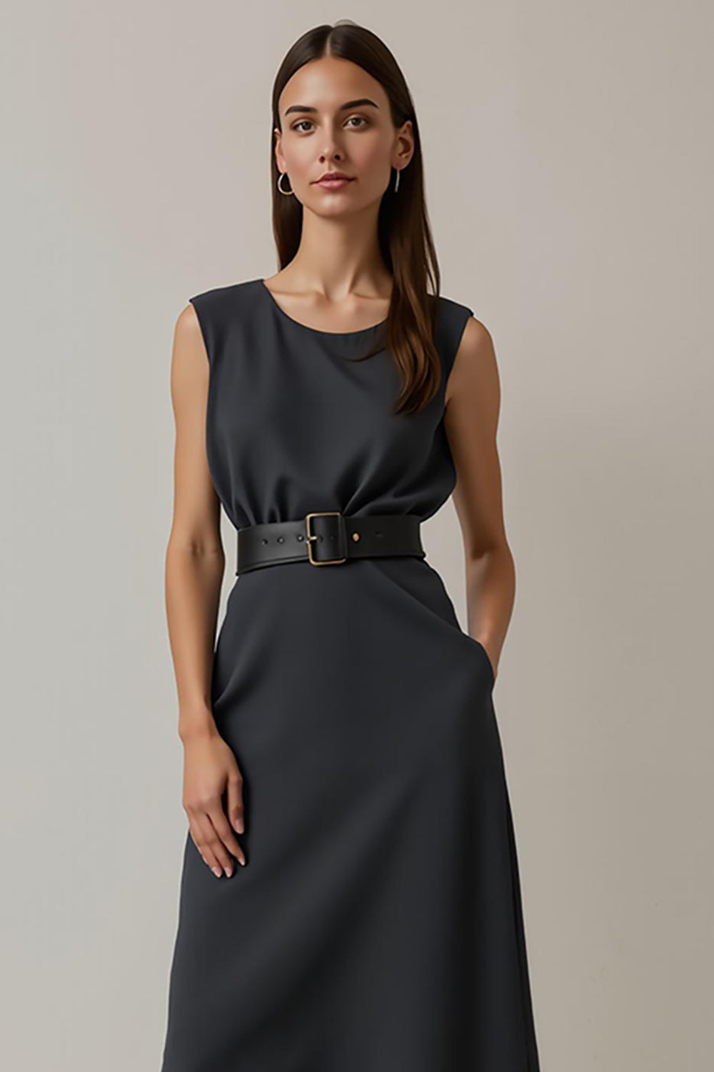 Simple Navy Round Neck Pencil Midi Work Dress with Pockets
