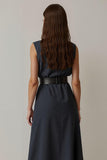 Simple Navy Round Neck Pencil Midi Work Dress with Pockets