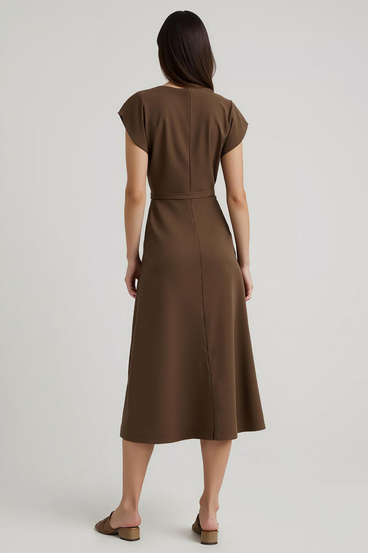 Brown V-Neck Cap Sleeves Midi Work Dress with Sash