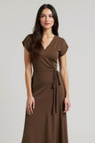 Brown V-Neck Cap Sleeves Midi Work Dress with Sash
