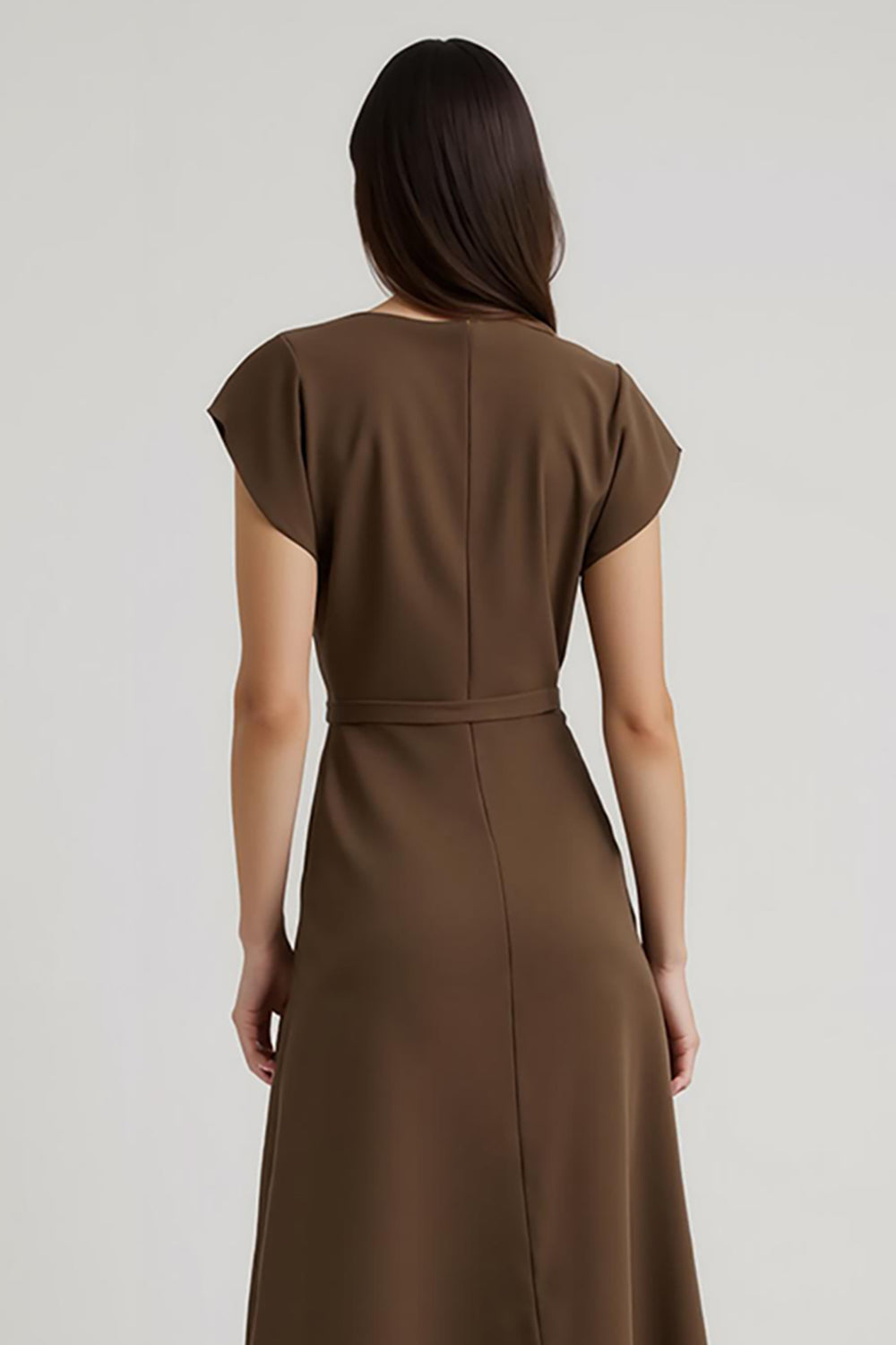 Brown V-Neck Cap Sleeves Midi Work Dress with Sash