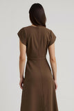 Brown V-Neck Cap Sleeves Midi Work Dress with Sash