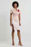Pink Notched Lapel Pencil Floral Short Blazer Dress with Slit