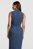 Grey Blue Tweed Notched Lapel Pencil Buttons Midi Blazer Dress