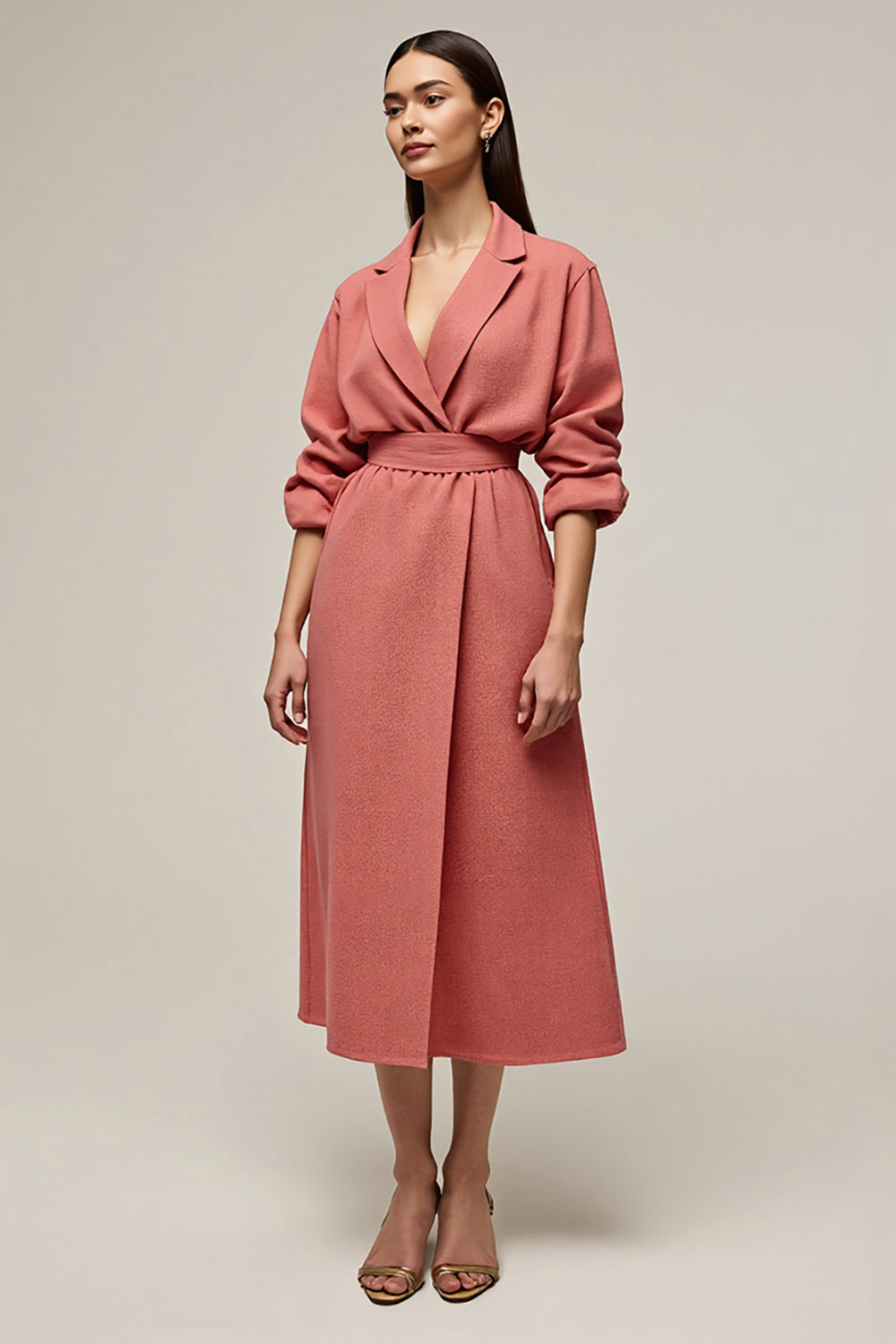Coral A Line Notched Lapel Midi Blazer Dress with Sleeves