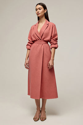 Coral A Line Notched Lapel Midi Blazer Dress with Sleeves