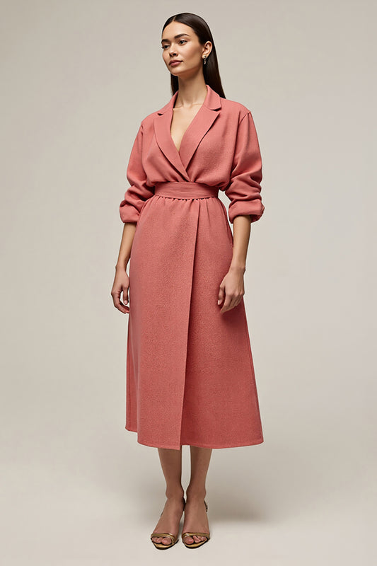Coral A Line Notched Lapel Midi Blazer Dress with Sleeves