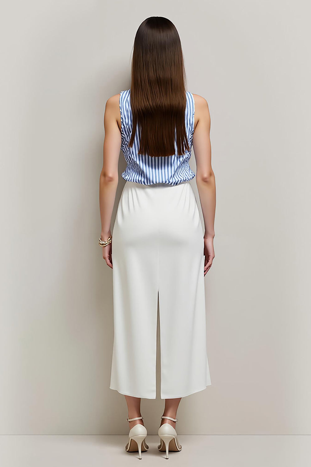 White Blue Pencil Bateau 2 Piece Blouses and Skirt with Slit
