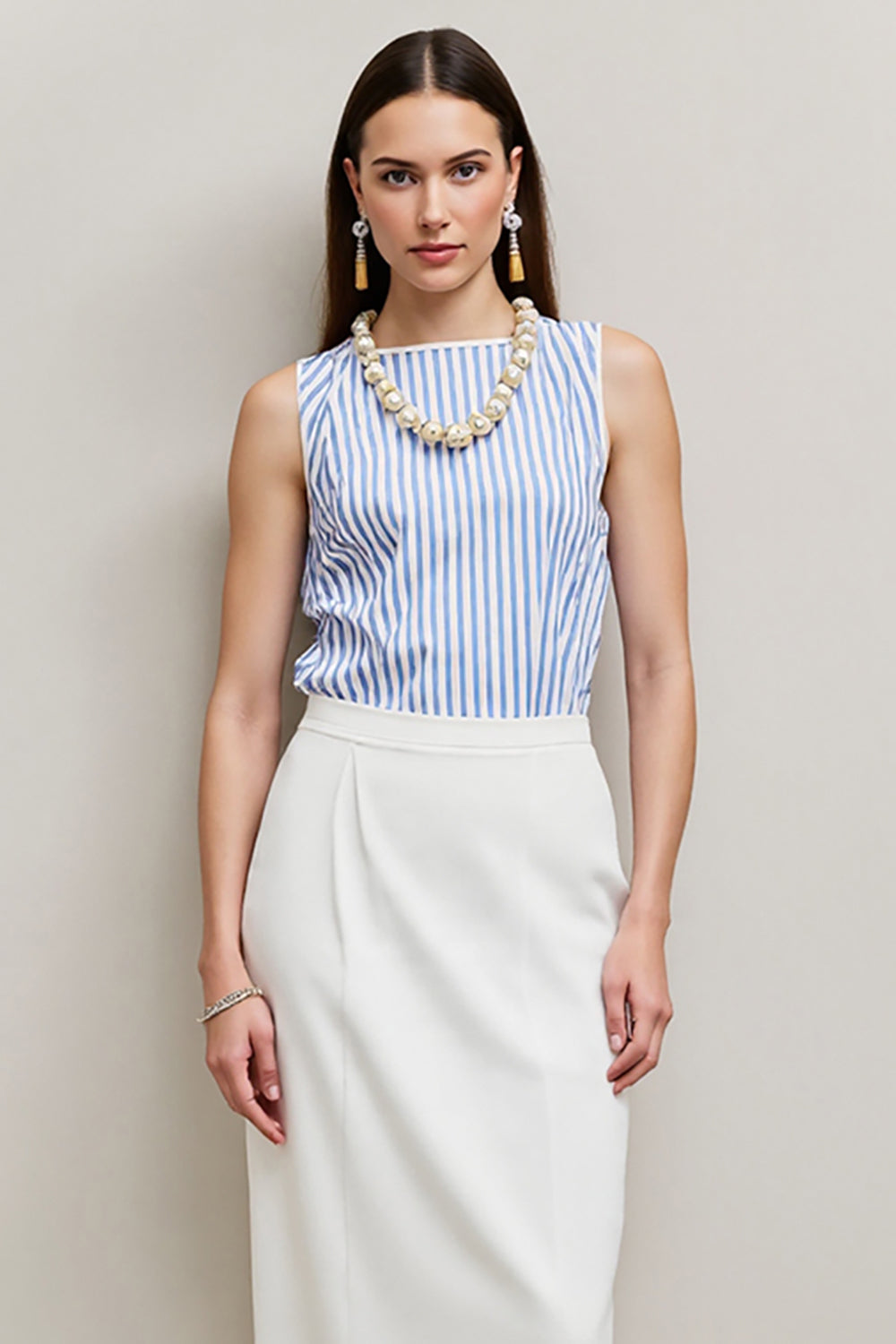 White Blue Pencil Bateau 2 Piece Blouses and Skirt with Slit