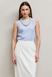 White Blue Pencil Bateau 2 Piece Blouses and Skirt with Slit