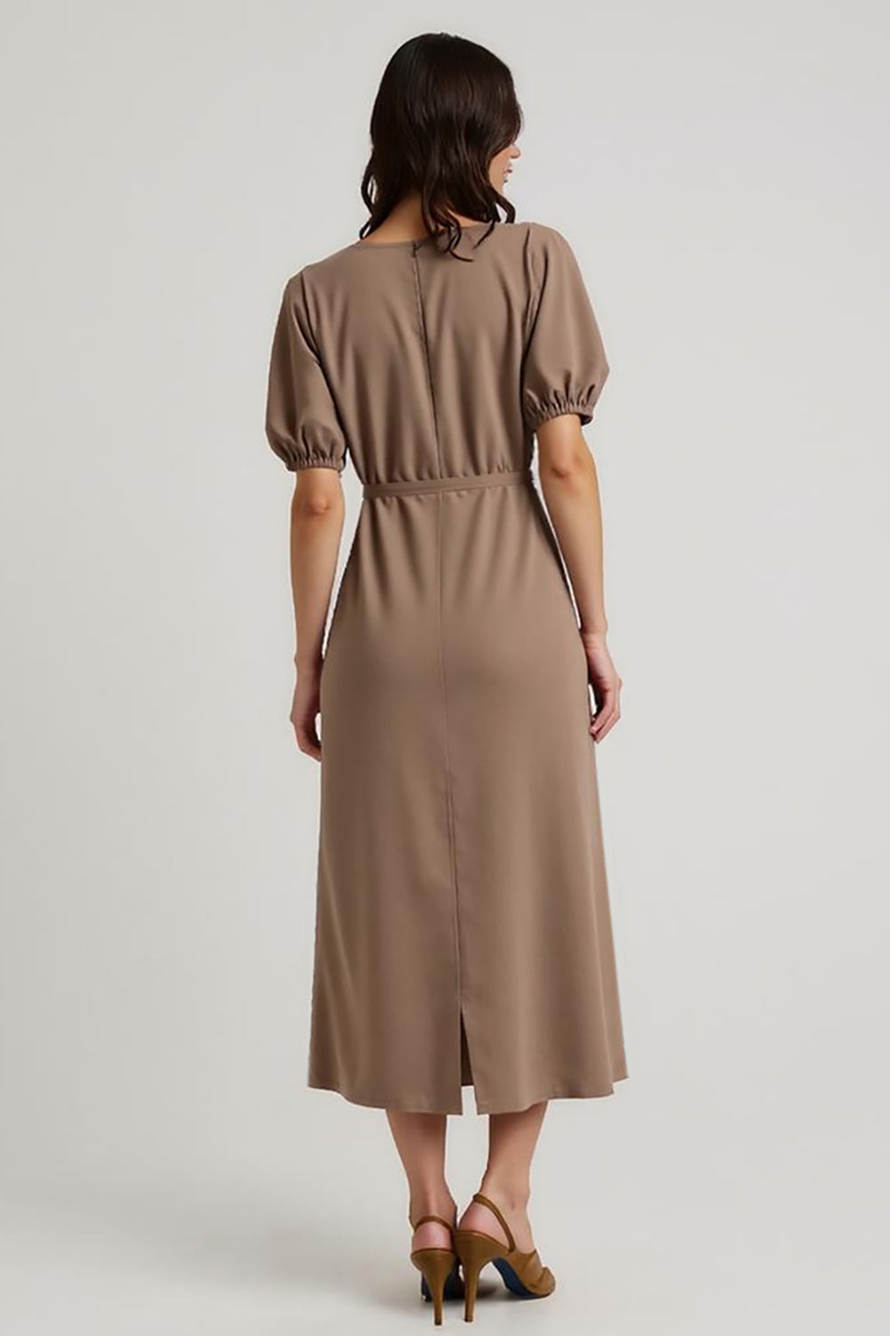 Coffee Bateau Pencil Short Sleeves Midi Work Dress with Sash