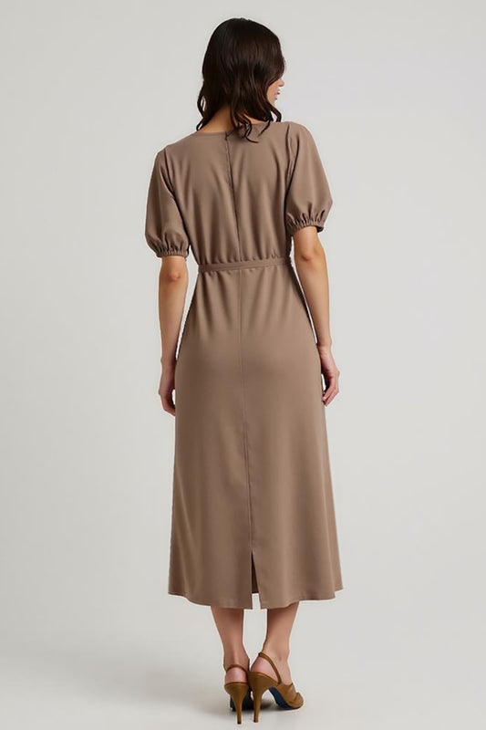 Coffee Bateau Pencil Short Sleeves Midi Work Dress with Sash