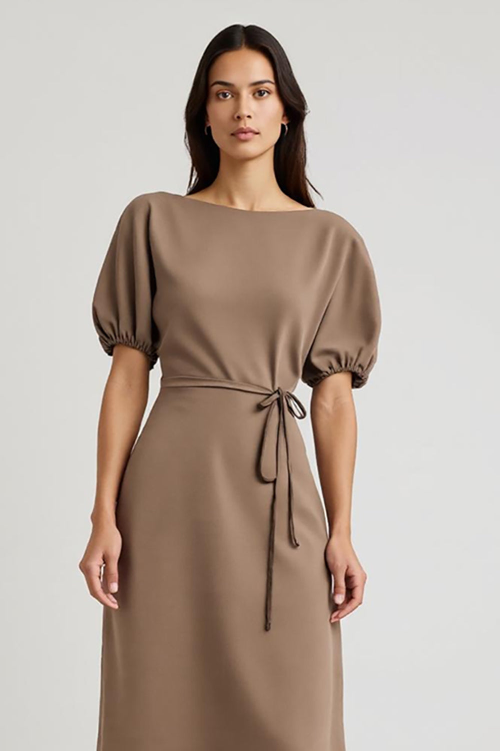 Coffee Bateau Pencil Short Sleeves Midi Work Dress with Sash