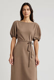 Coffee Bateau Pencil Short Sleeves Midi Work Dress with Sash