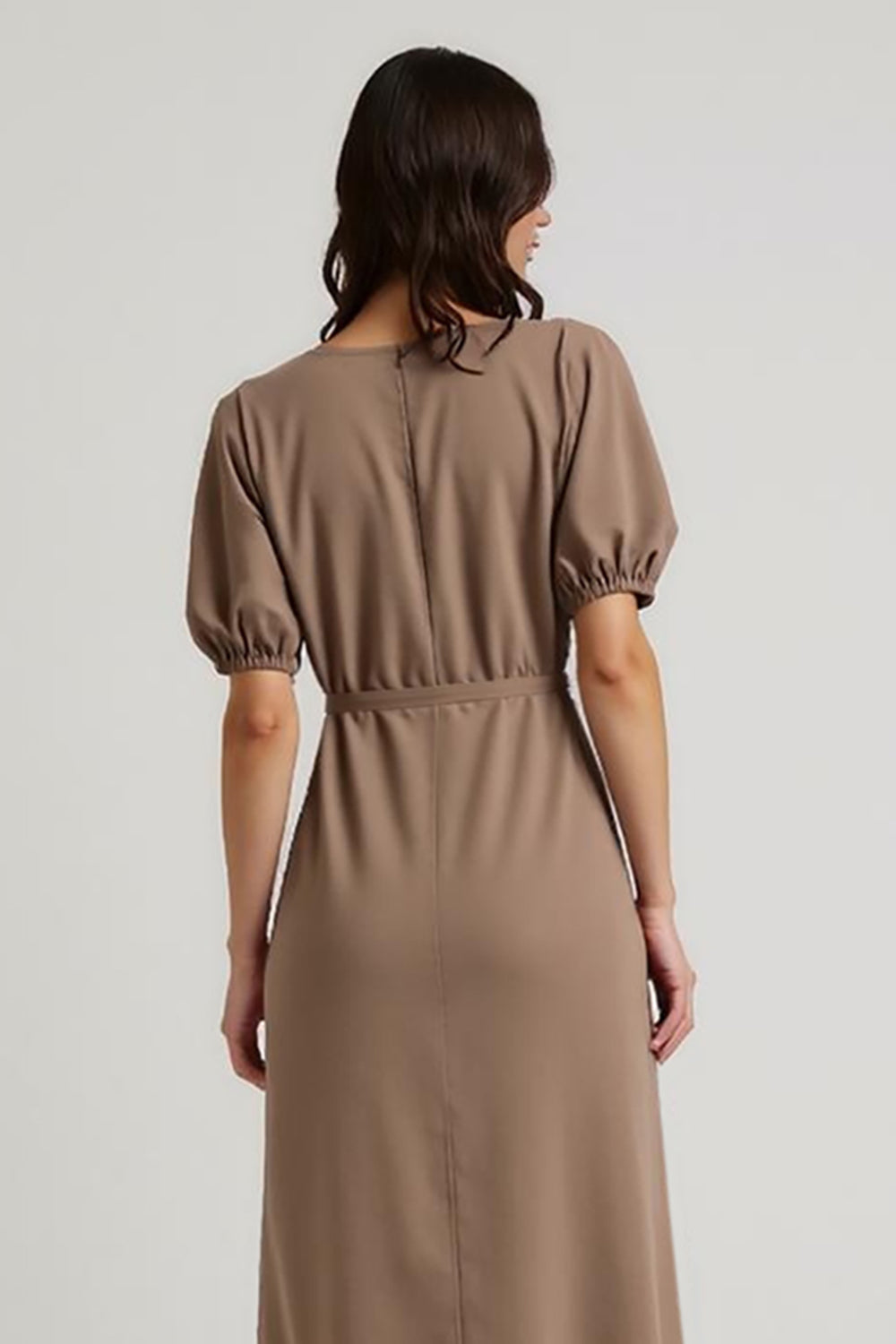 Coffee Bateau Pencil Short Sleeves Midi Work Dress with Sash