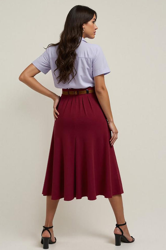 Burgundy Collar Neck 2 Piece Blouses and Skirt with Belts