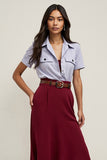 Burgundy Collar Neck 2 Piece Blouses and Skirt with Belts