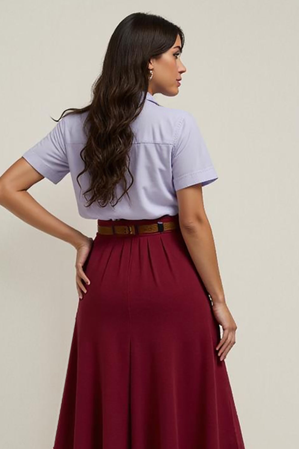 Burgundy Collar Neck 2 Piece Blouses and Skirt with Belts