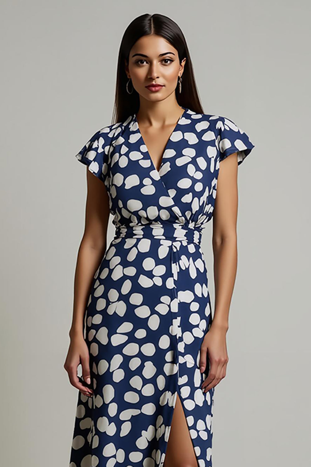 White Blue Printed V-Neck Long Wedding Guest Dress with Slit