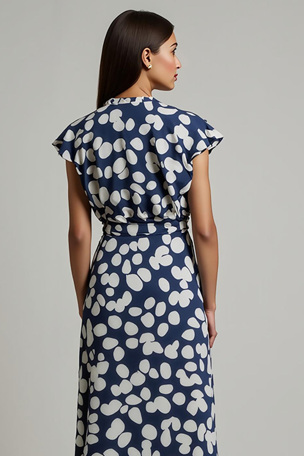 White Blue Printed V-Neck Long Wedding Guest Dress with Slit