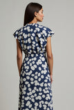 White Blue Printed V-Neck Long Wedding Guest Dress with Slit